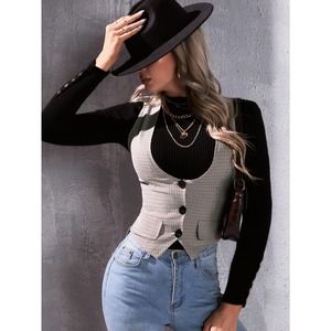 Unity 1pc Plaid Print Flap Detail Vest Blazer